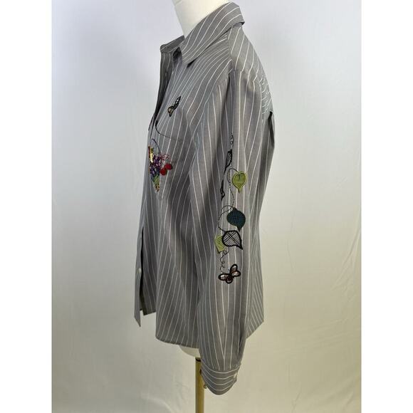 VTG Karen Scott Womens Button Up Shirt Embroidery Gardencore Stripped Gray Sz S - Picture 8 of 14